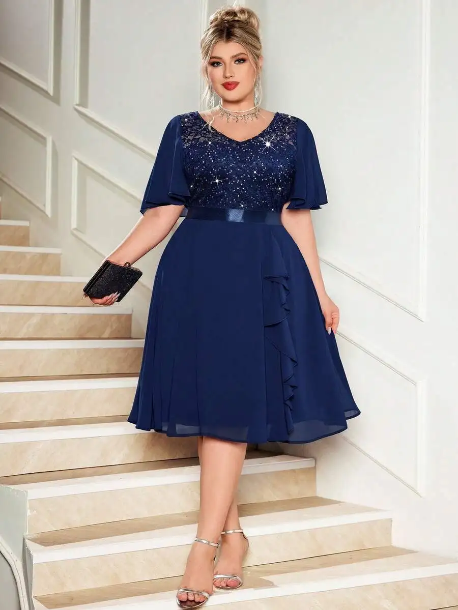 

Navy Blue V-Neck Sequin Lace Chiffon Dress with Butterfly Sleeves and Ruffle Hem