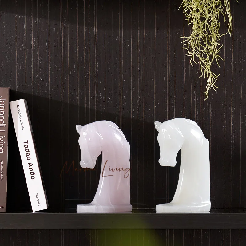 

Horse Head Shape Marble Bookends for Shelves White Onyx Book Ends for Bookshelf Table Home Decor