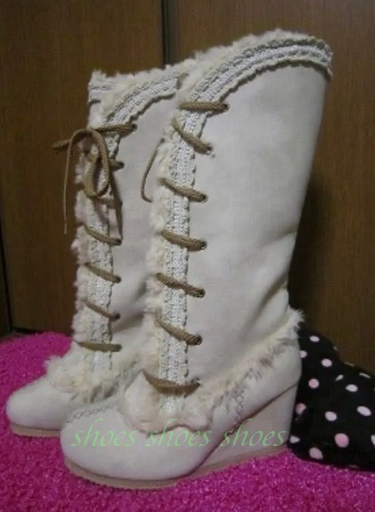 Botas altas de tacón de cuña vintage, color beige, de gamuza sintética, con forro de piel sintética, con cordones, punta redonda, estilo gladiador, cálidas para el invierno, elegantes, para mujer, para fiestas, talla 46.
