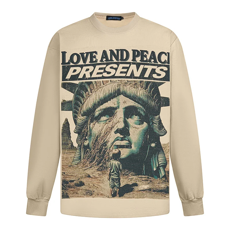 

Carve Statue of Liberty Printed Long Sleeved T-shirt Men Women Vintage Streetwear Loose Round Neck T-shirt Cotton Underwear Tops