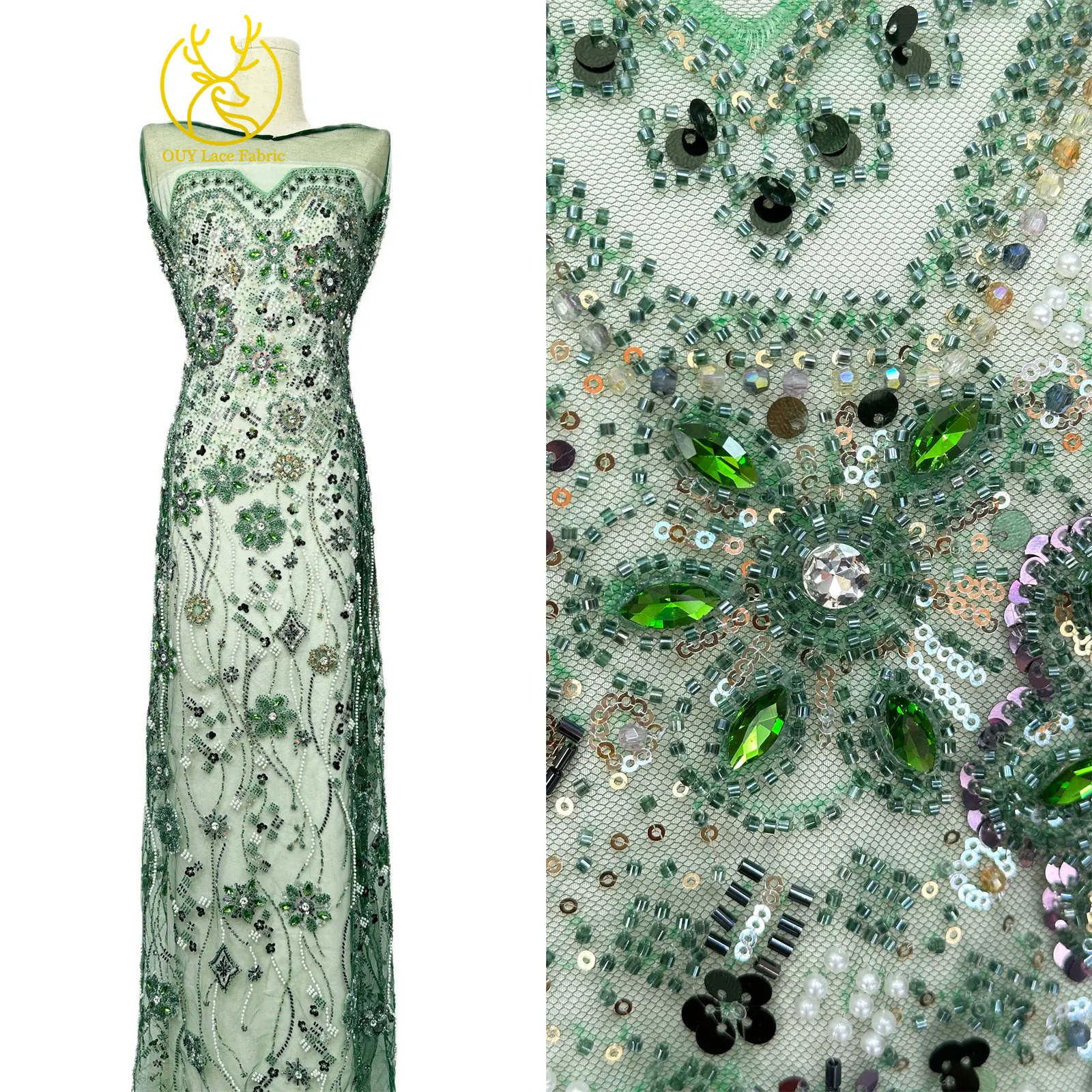 Grüner afrikanischer Stein-Perlen-Spitzenstoff 2026, hochwertiger nigerianischer französischer Tüll-Pailletten-Spitzenstoff, ideal für Brautparty-Dresse – Detail 4