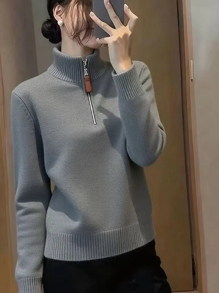 

Свободный шерстяной вязаный свитер женский с высоким воротником на молнии до середины груди, базовый слой, повседневный стиль, комфортный, средней плотности вязки, с длинным рукавом