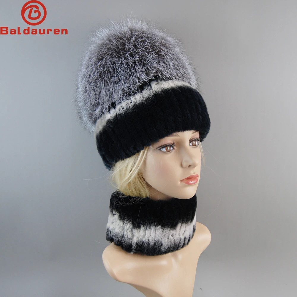 2024 Winter Natural Real Rex Rabbit Fur Ring Cap Lady Brand Hand Make Real Silver Fox Fur Hat Scarf Girls Real Fur Scarves Hats