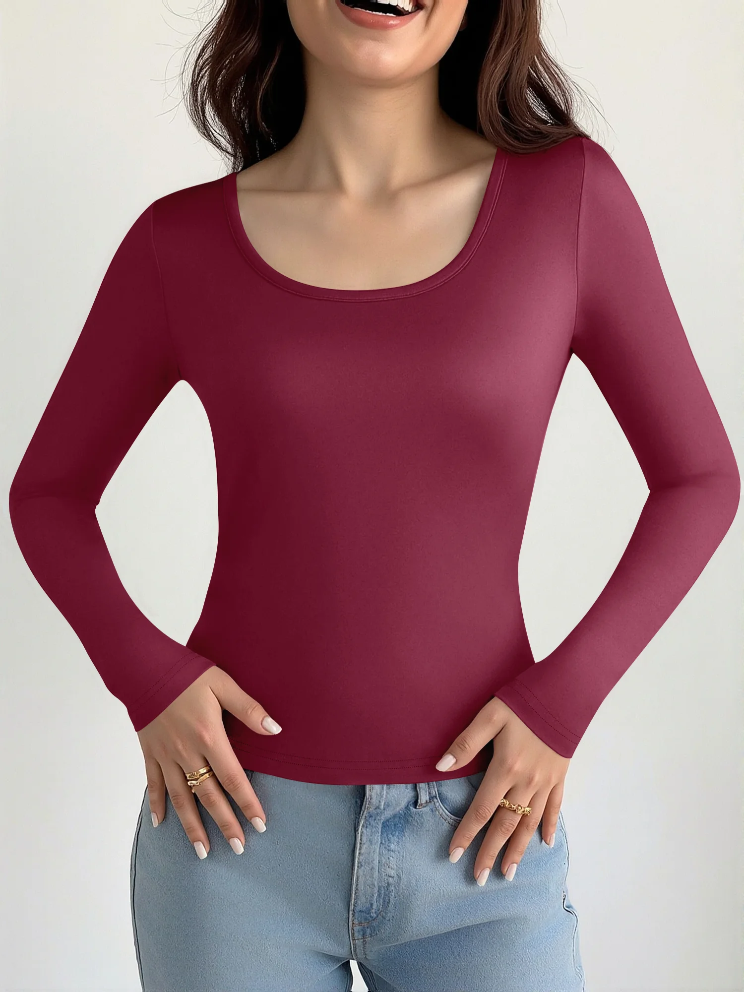 Capsule Wardrobe Staple Scoop‑Neck Crop Blouse, Stretchy Long‑Sleeve Shirt for Outer‑Wear Matching Combinations