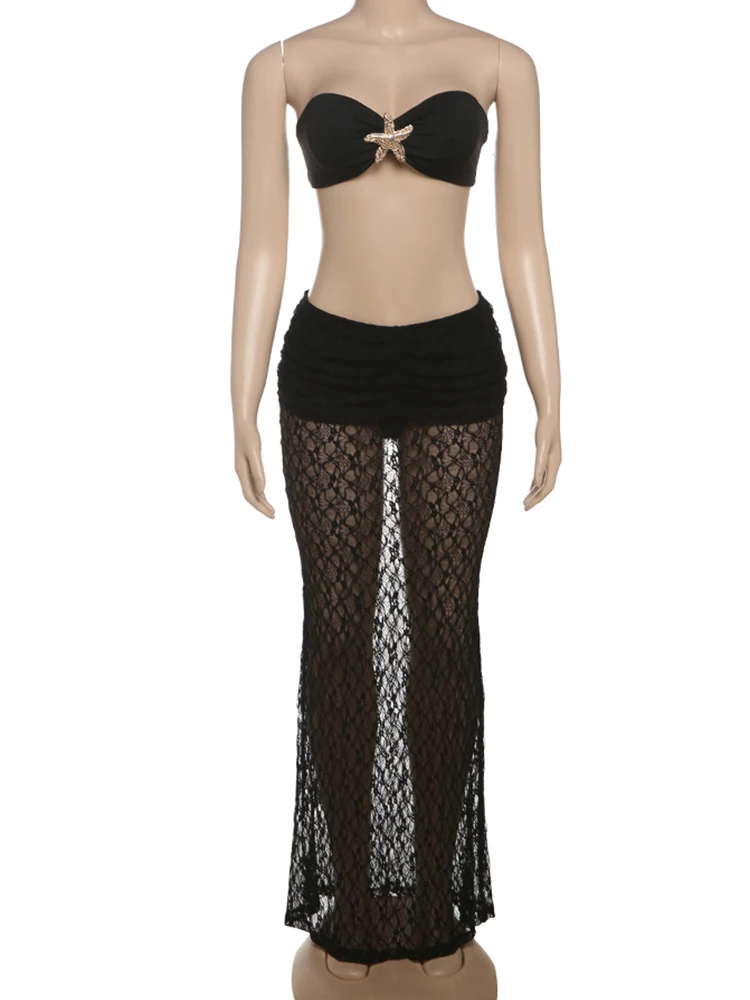 Macheda Ruched Elegant 2 Piece Set Women Metal Starfish Patchwork Tube Tops+Mesh See Through Skirts Vacation Beach Party Outfits