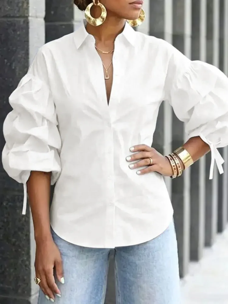 Yeezzi 2026 New Black White Tie Cuff Puff Sleeves Shirts Tops For Women Loose Buttoned Solid Color Casual Trendy Lapel Blouses