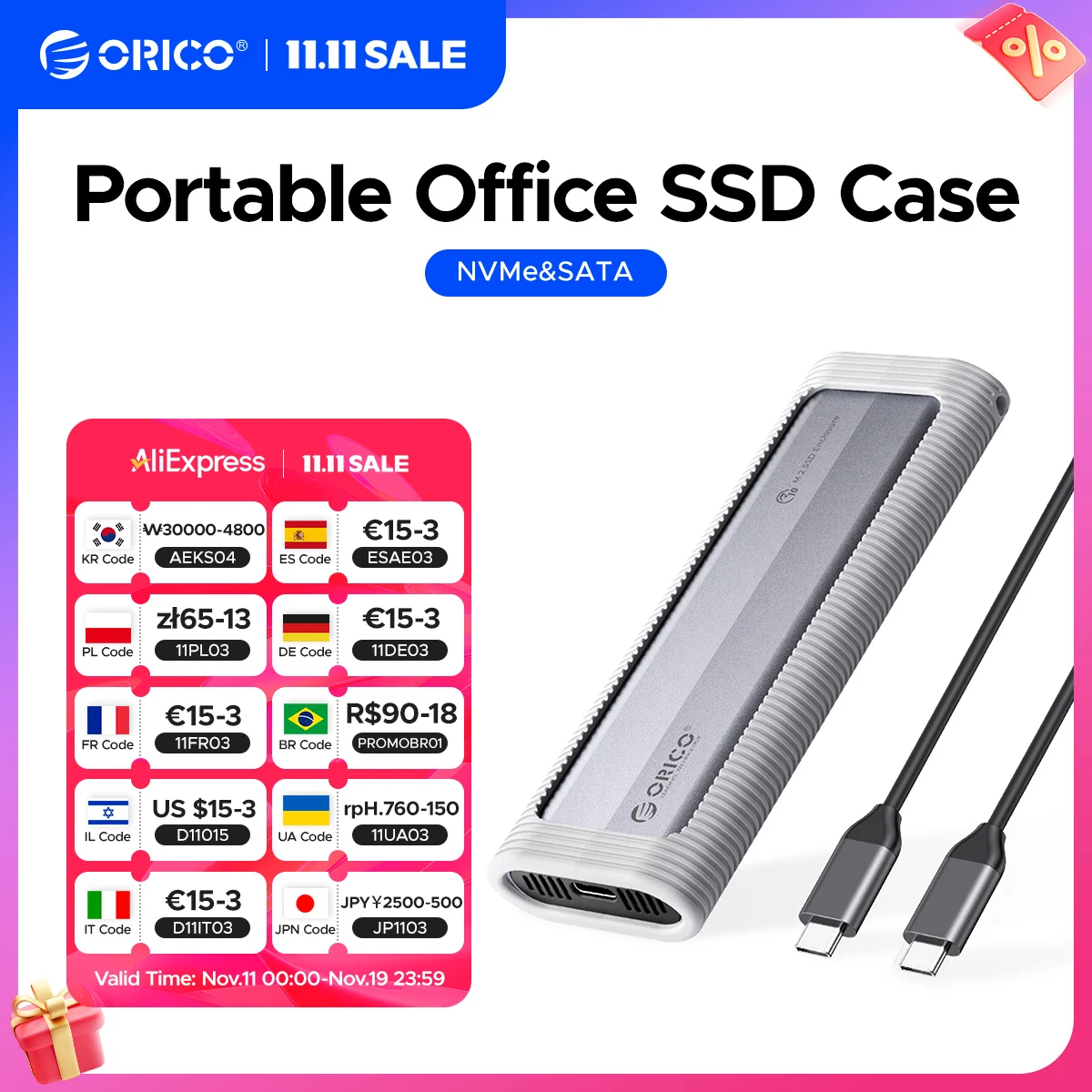 

ORICO M.2 NVMe SATA SSD Enclosure Tool-Free USB External 10Gbps M.2 NVMe to USB Adapter Support UASP for PCIe NVMe and SATA SSD