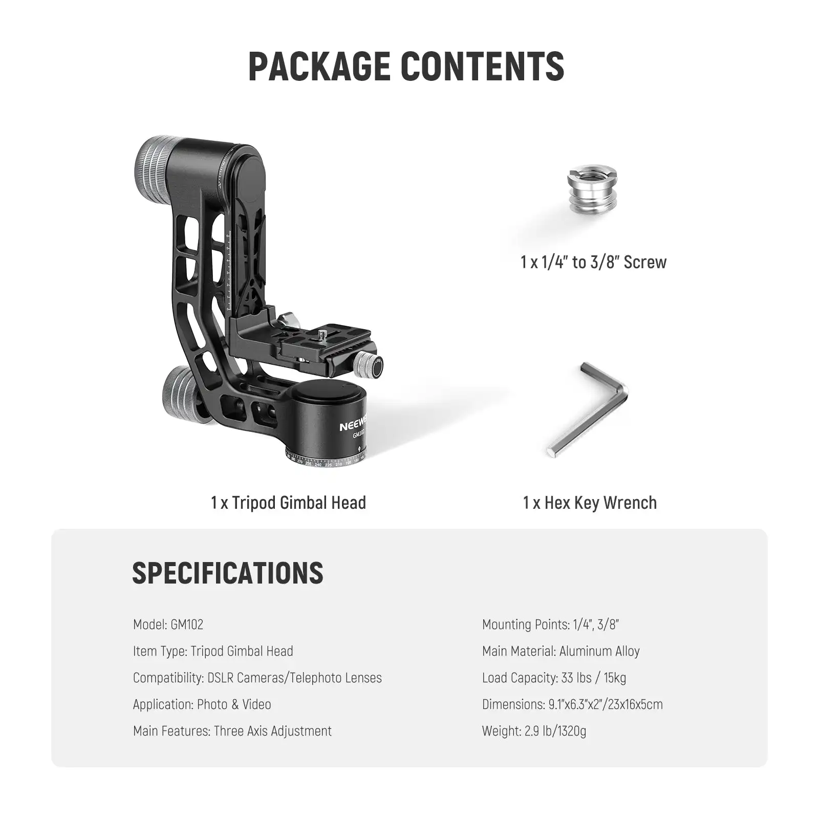 NEEWER GM102 Statief-gimbalkop met 360° °   Pitching Boom Arm en Quick Release Arca Type QR-plaat voor camera's