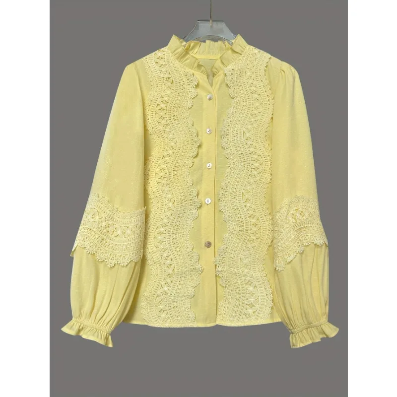 ผู้หญิงเสื้อ Spliced ลูกไม้กลีบเสื้อ Elegant Vintage Office Lady แขนยาวเดี่ยว O คอเสื้อลําลอง Commuter ฤดูใบไม้ร่วง