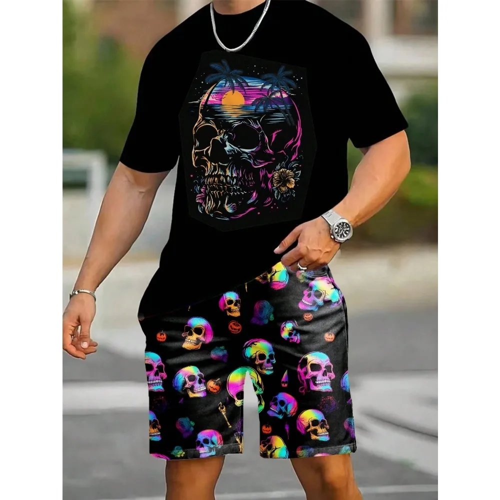 カラーグラフィプリントTシャツショーツ2点セット　トレンドストリートメンズ服　2025夏　プラスサイズゆったりメンズ半袖Tシャツ