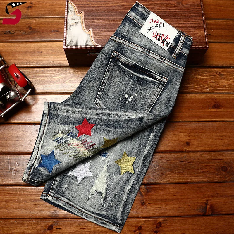 High-End Fashion Brand Ripped Denim Shorts Men's Summer Embroidery Trend Retro Distressed Fashion Casual Motorcycle Shorts