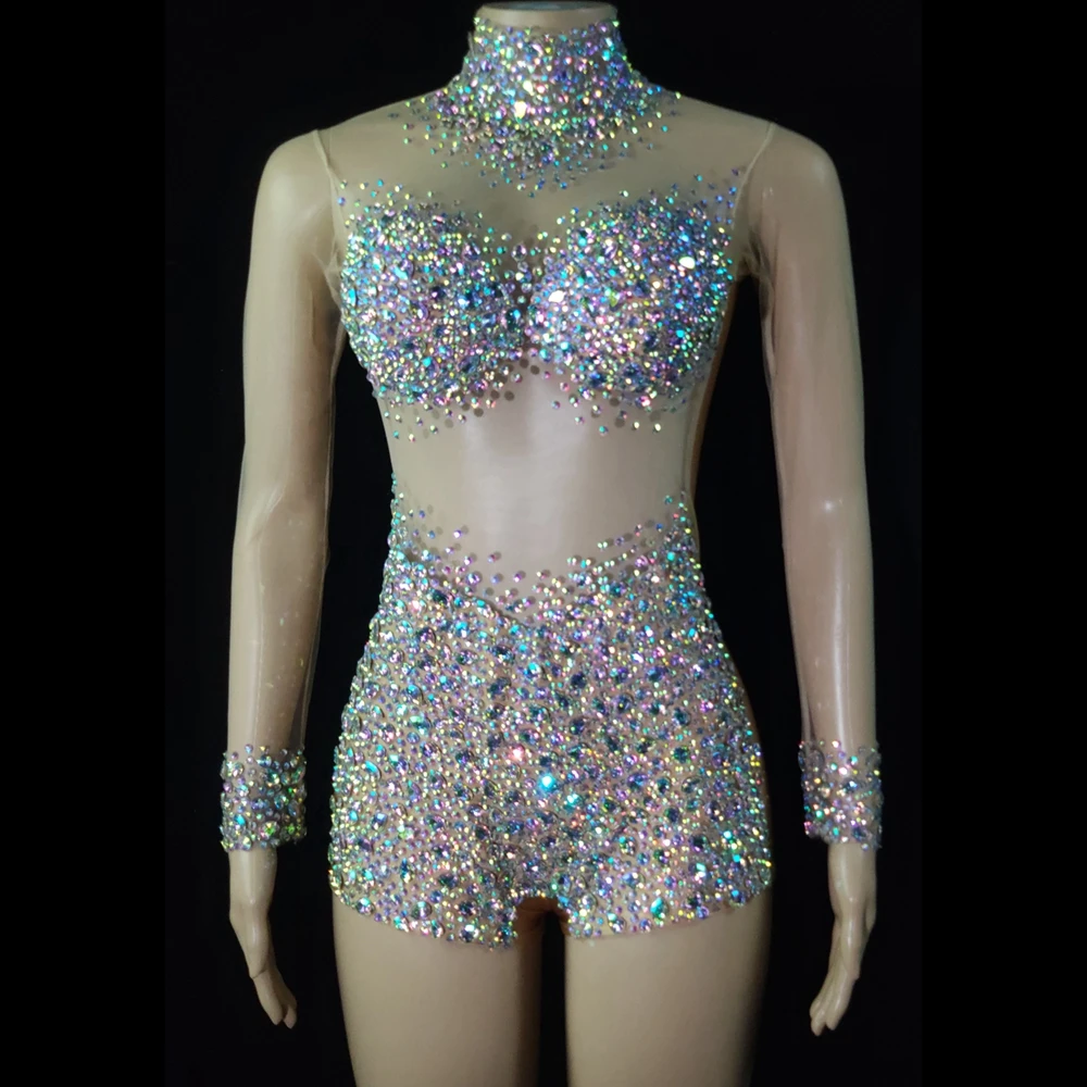 Justaucorps Sexy en strass AB luxueux, transparent, Costume de danse en cristal pour femmes, discothèque, fête d'anniversaire, vêtements de scène