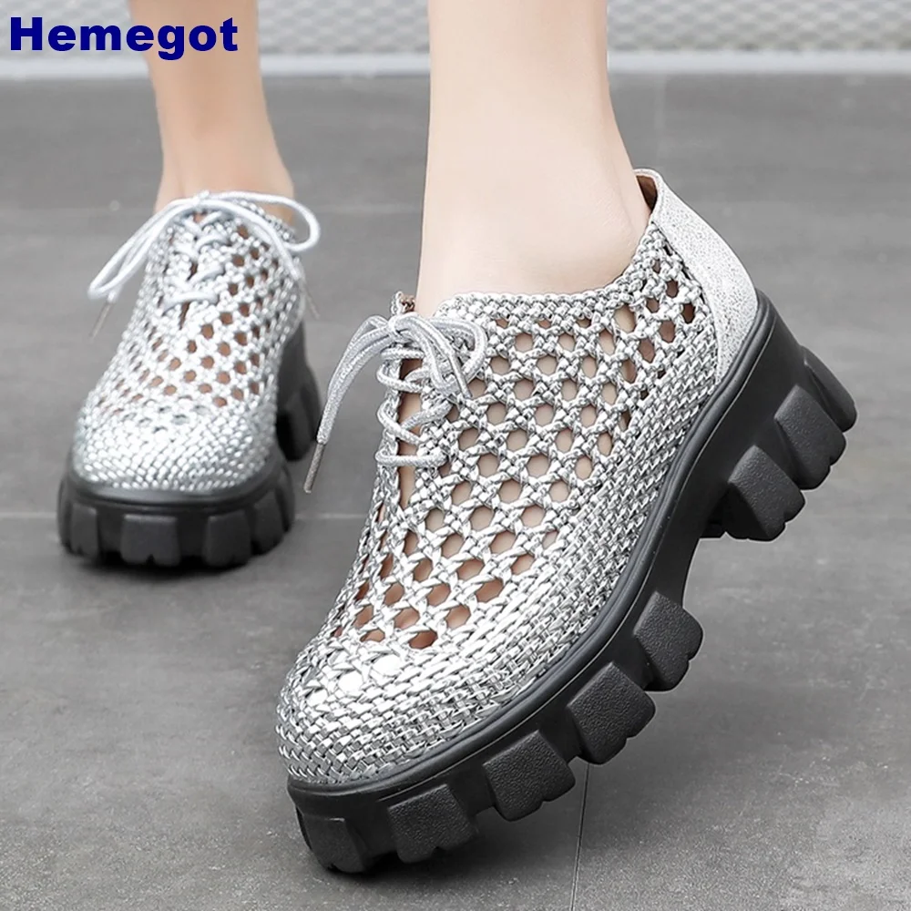 

Platform Braided Hollow Roman Sandals 2024 Summer Round Toe Sports Casual Vacation Lace-Up Sandal Solid Color Fashion for Women