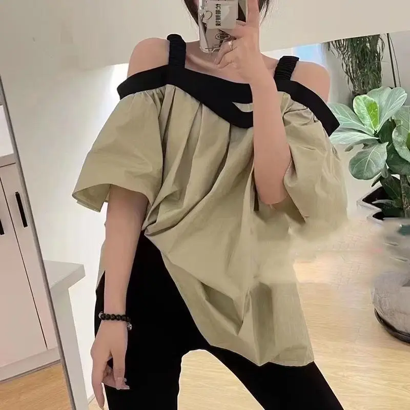 Spaghetti Strap Blouses Women Loose Sweet Girl Korean Style Ins Off Shoulder Young Fashion Simple All-match Irregular Tender New