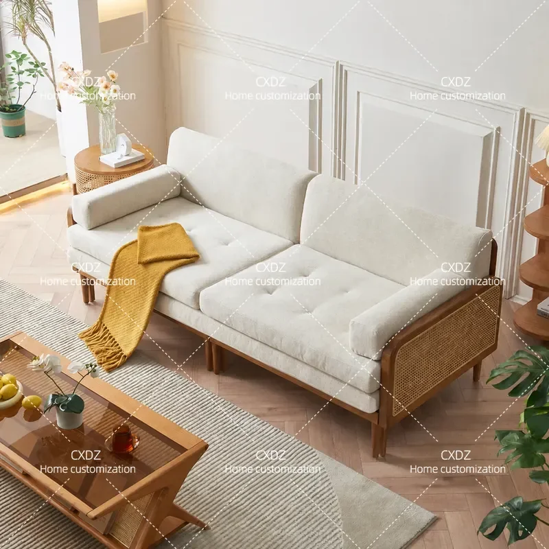 Japanese Style Solid Wood Sofa Bed Dual Purpose Sitting and Lying Small Apartment Rattan Sofa Living Room Double Foldable Bed