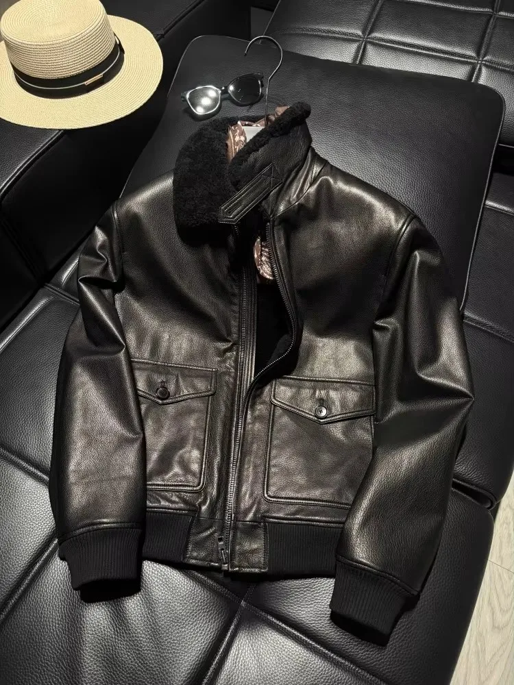 Vintage Goatskin Pilot Jacket Men New Winter Warm Thicken Punk Genuine Leather Coat Casual High Street Motorcycle Short Jackets