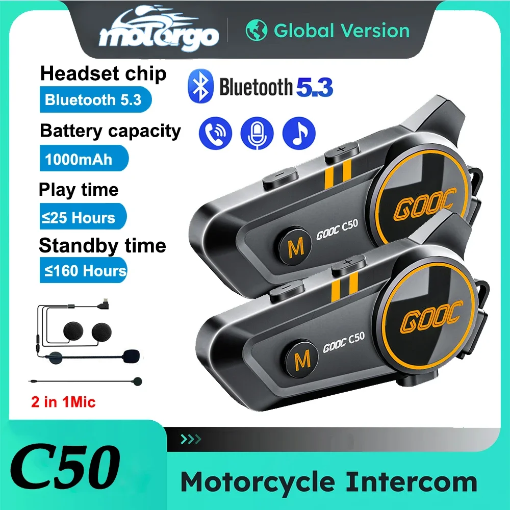 1/2x Musik-Intercom Bluetooth 5.3 Motorradhelm-Gegensprechanlage Wasserdichtes 300m Intercom-Headset Lautsprecher-Kopfhörer