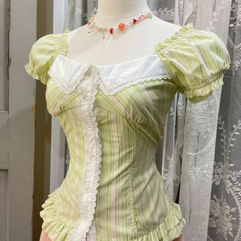 Japan Vintage Elegant Lolita Blouse Women Kawaii Cute Lace Square Neckl Stripe Shirt Summer Y2k Aesthetic Puff Short Sleeves Top view 2