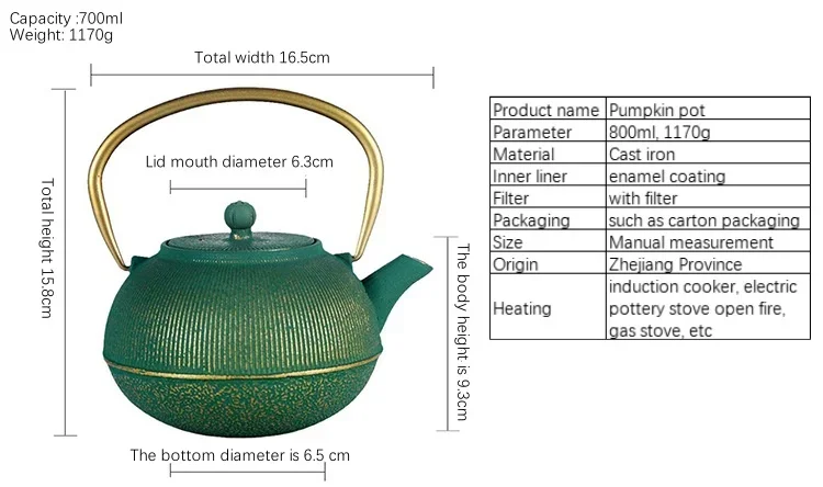 Personalized Golden Green Teaware Chinese Enamel Tea Sets Japanese Tetsubin Tea Kettle Cast Iron Teapot