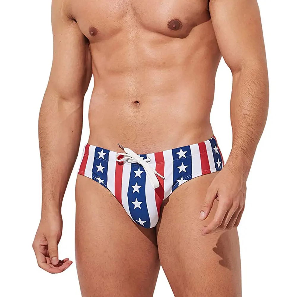 Mens USA Flag Stars Low Rise Swimwear Swim Bikini Briefs Swimsuit Beach Shorts Swimming Trunks Pouch Padded Bathing Suit Panties