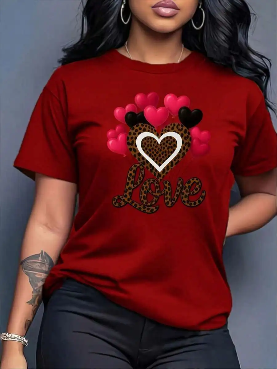 Women's Valentine's Day Graphic T-Shirt, Leopard Print Heart & Balloon Pattern, Machine Washable Comfortable Short Sleeve Casual Tee For Spring Summer Fall All Season Wear