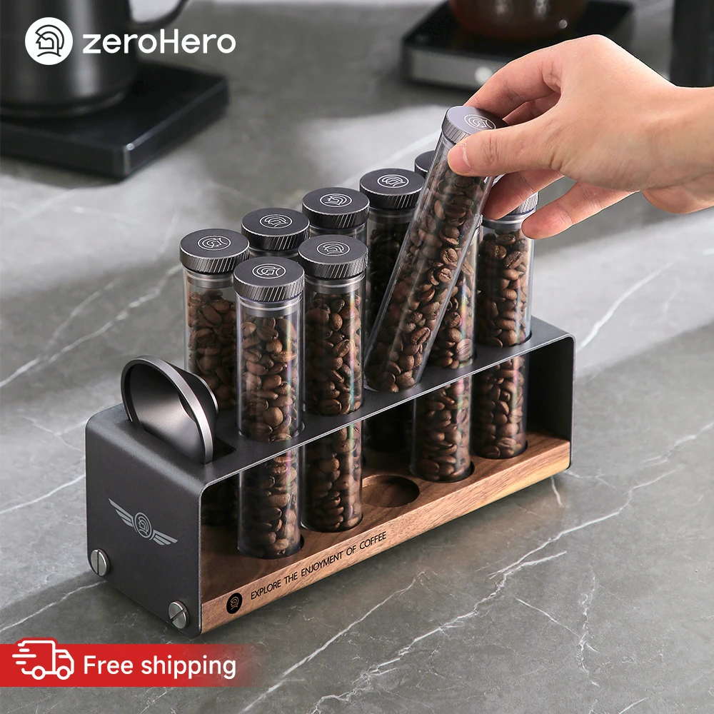 zeroHero Coffee Bean Cellar Tubes 10 Pack 22g PCTG Vials with Degassing Valve Wooden Stand for Espresso Home Cafe Travel Brewing