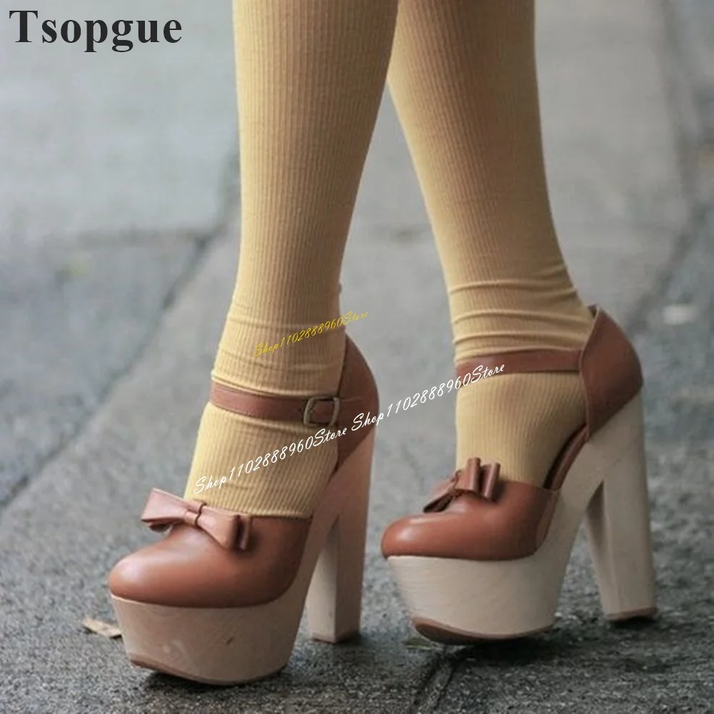 Orange Leather Platform Bowknot Pumps Chunky High Heel Women Shoes Ankle Buckle Strap Round Toe 2024 Fashion Zapatos Para Mujere