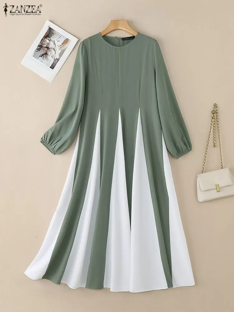 

ZANZEA Women Modest Hijabs Maxi Dresses Muslim Fashion Contrast-Color Patchwork A-Line Swing Long Dress O-Neck Long Sleeve Robes