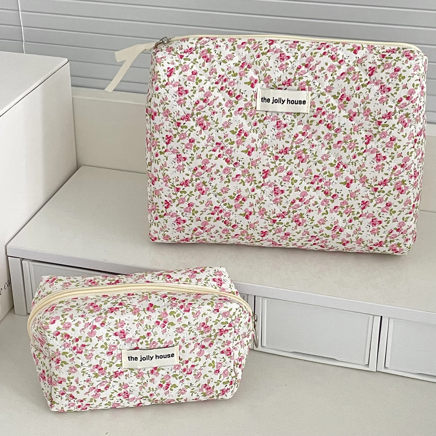 Peach Pink Six Color Small Floral Quilted Cosmetic Bag Sweet Girls Style Fabric Handle Large Capacity Multiple Sizes Available L