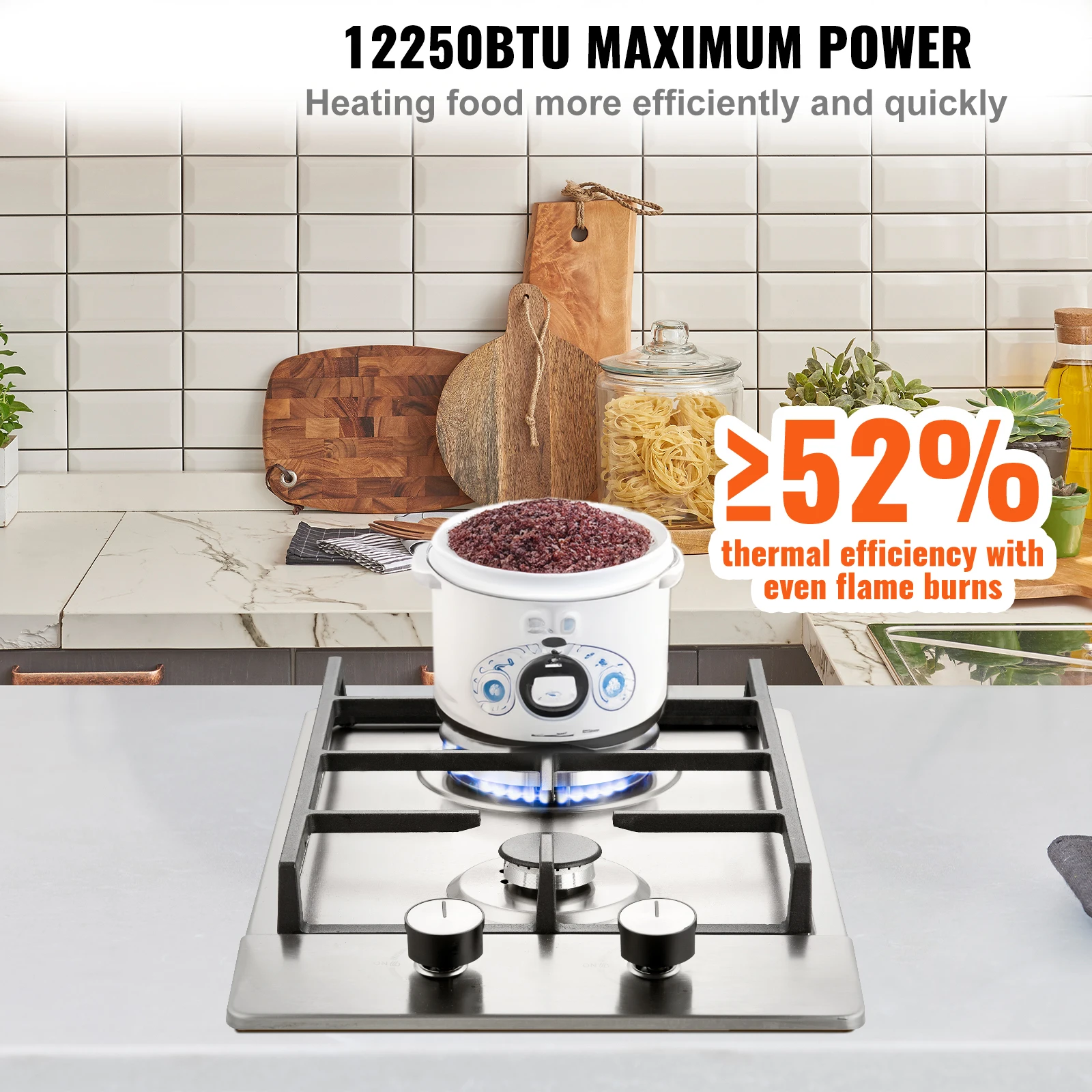 SucceBuy 가스 스토브 2/5 버너 펄스 전자 점화 내장형 이중 목적 천연 액화 가스 스토브 스테인레스 스틸 쿡탑