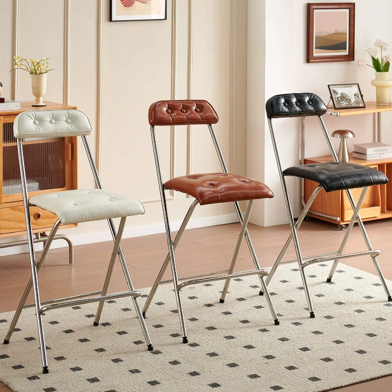 Mid Century Foldable High Stool Bauhaus Kitchen Counter Chair with Backrest Stainless Steel Bar Seat 65cm Premium Dining Stools
