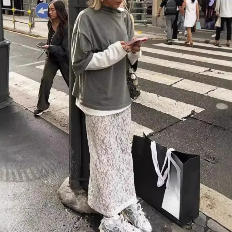 

Белая кружевная юбка в уличном стиле, модная жаккардовая юбка с вырезом на спине и разрезом