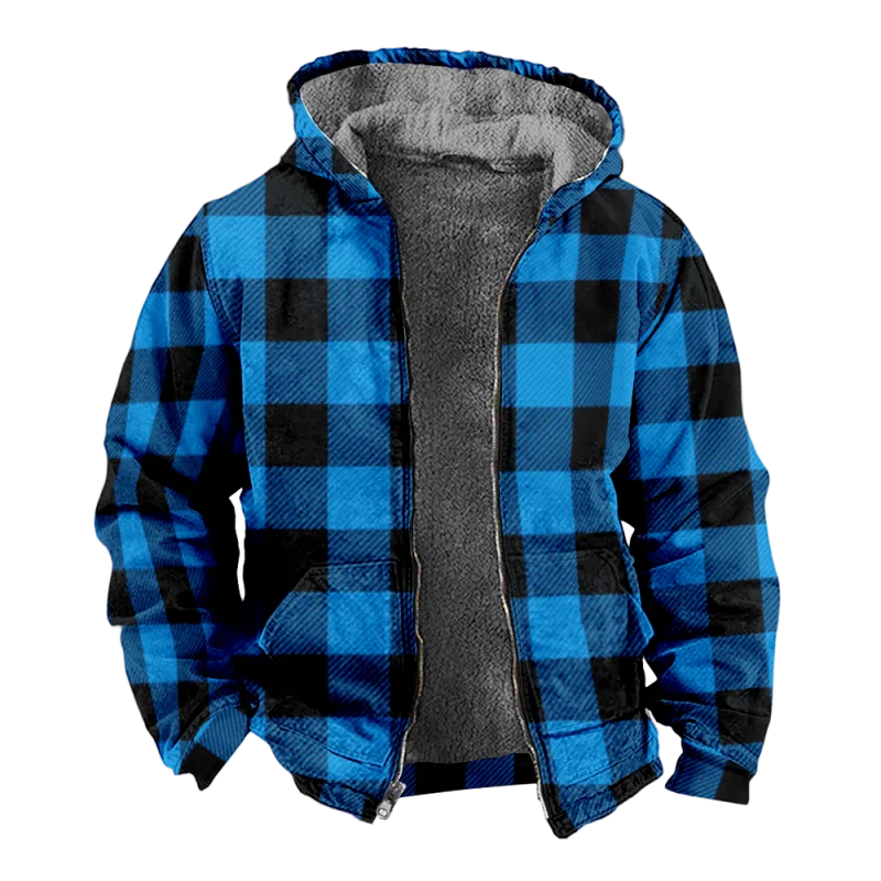 New Colorful Plaid Cotton Coat Hooded Sweater Casual Printed Men's Fur Loop Arctic Velvet Zipper Patch Pocket Hooded Sweater a03