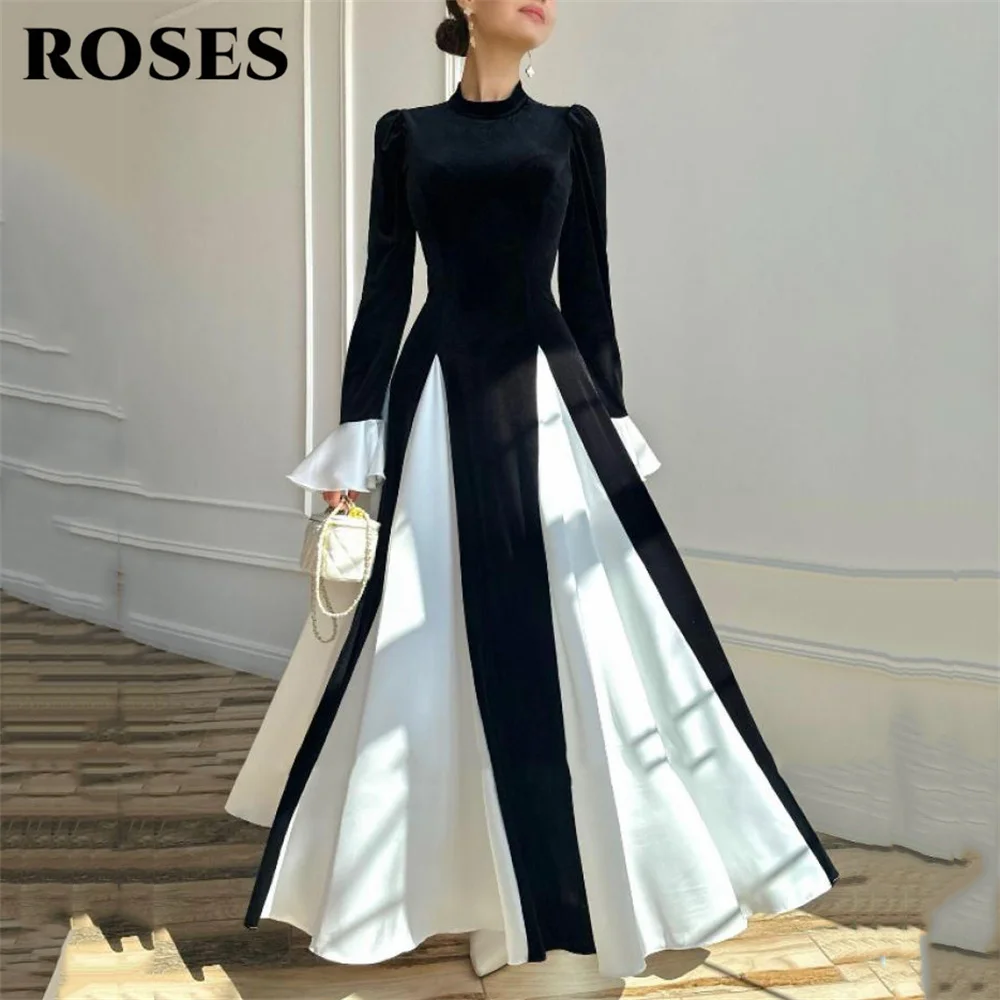

ROSES Black Elegant Prom Dresses High Neck Party Dresses Stain A Line Prom Gown with Bell Sleeves Evening Party Gown Customized