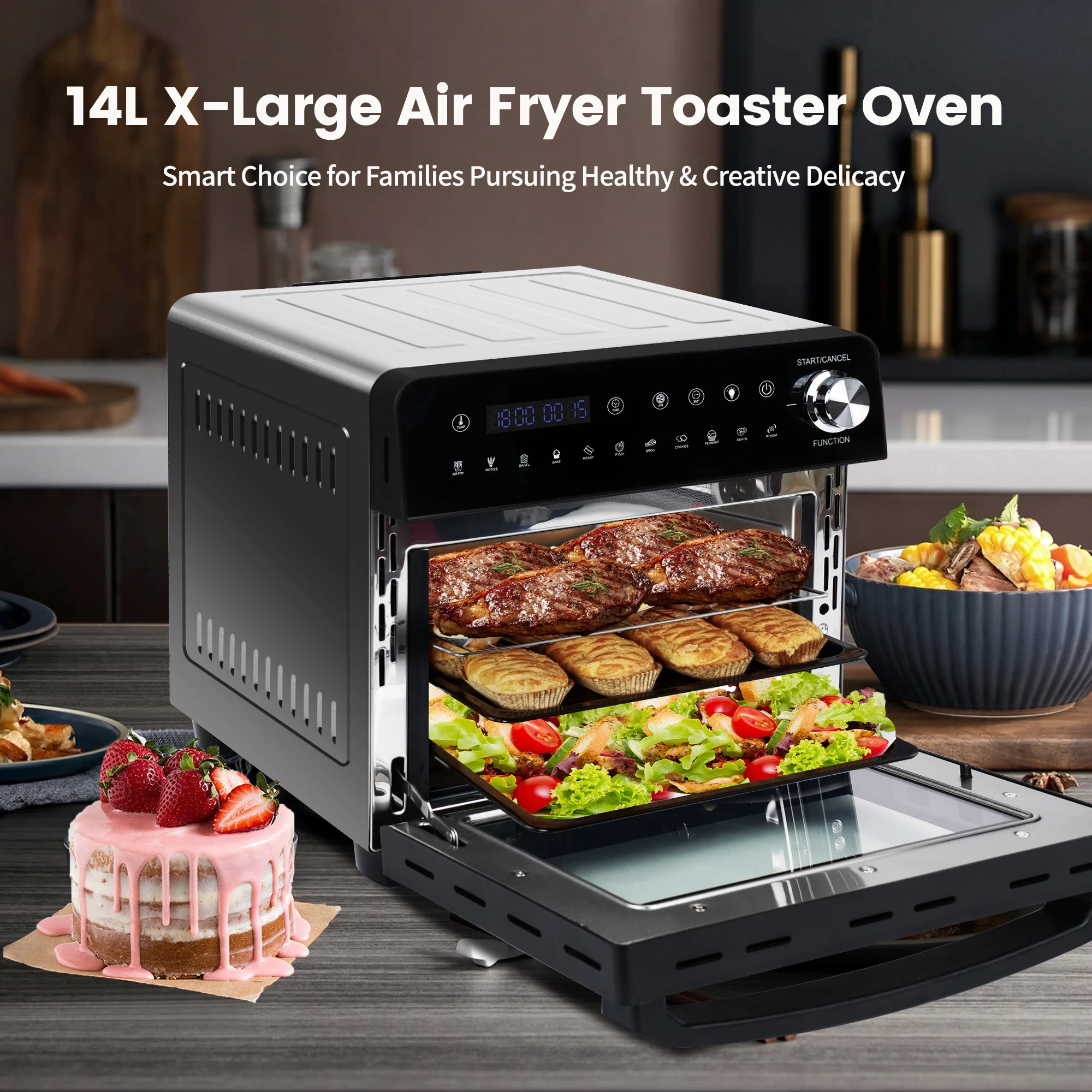 Hot Air Fryer 14L XXL Airfryer Mini Oven 1800W with 11 Programmes LED Screen, 5 Accessories Including Rotisserie and Recipe Book