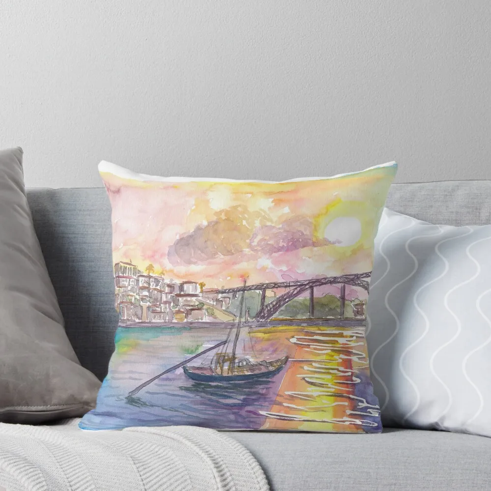 Porto Portugal Old City with Ponte Luís I and Sunset Throw Pillow Christmas Pillow Covers Pillow