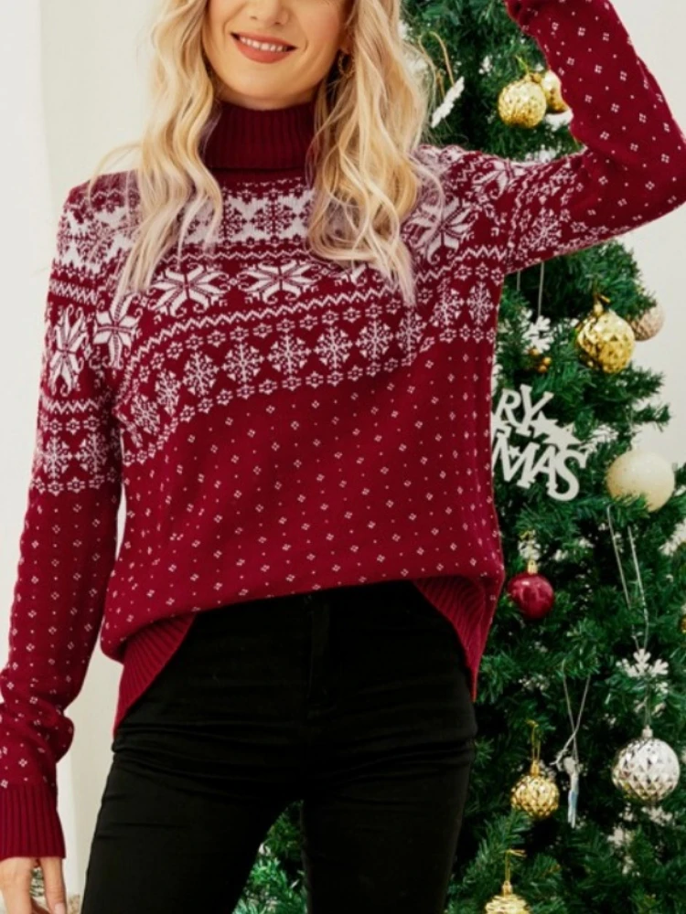 

Winter Women's Christmas Sweater Full Sleeve Turtleneck Knitted Jumpers Soft Loose Jacquard Pullover Tops Female Xmas Look