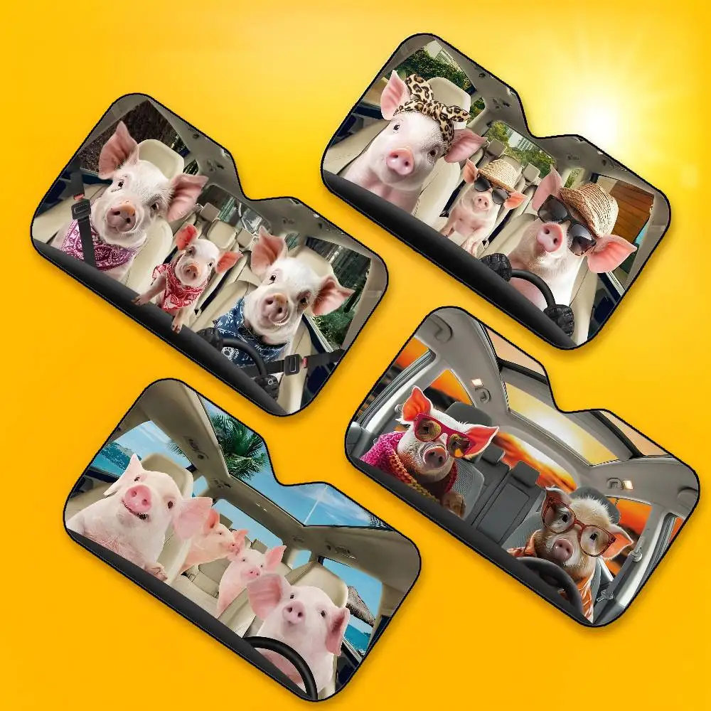 1PC Funny Pig Cute Car SunShade Windshield Foldable Three-layer Insulation Sunshade By Suction Cup Blocks UV Rays Sun