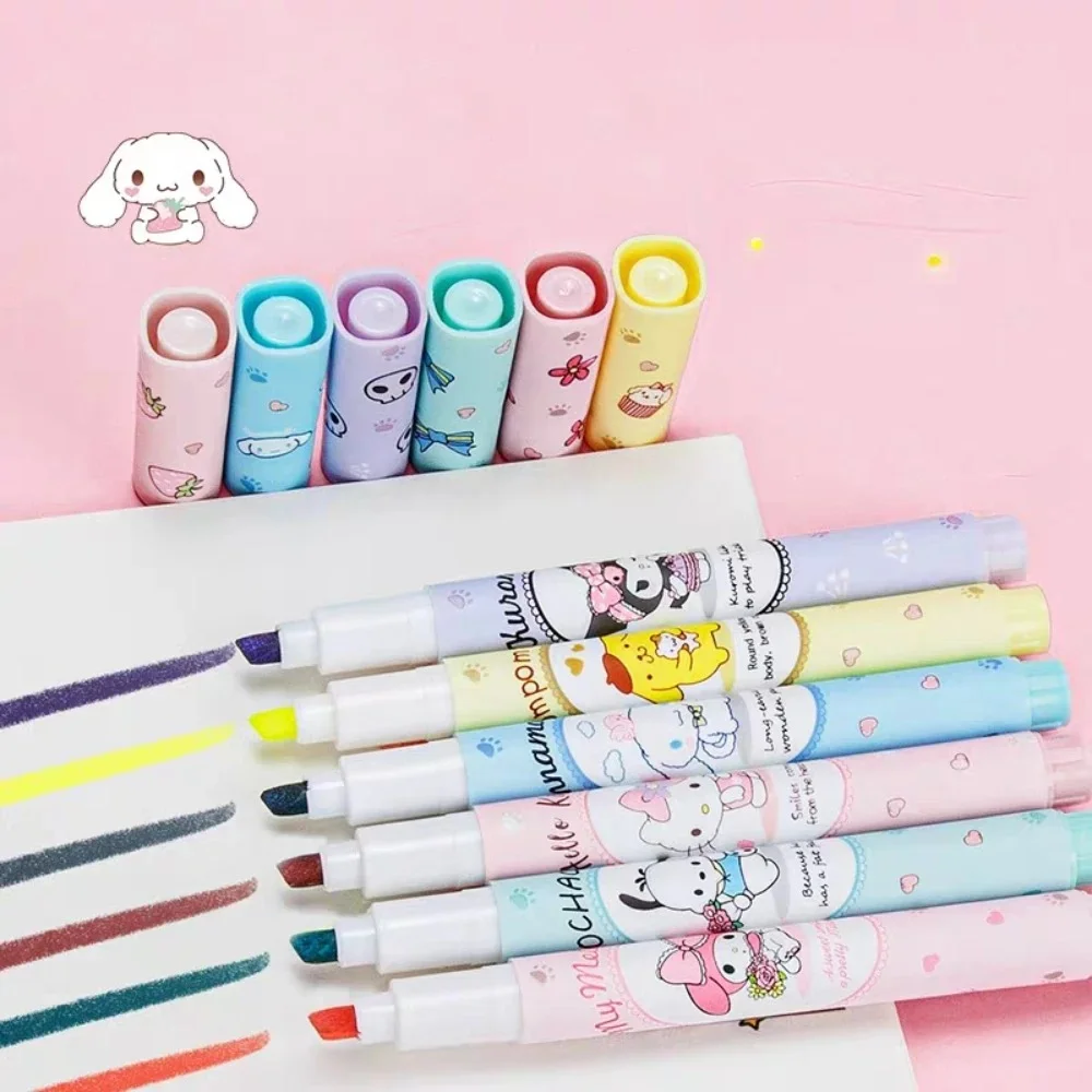 6Pcs/Set Kawaii Sanrio Marking Pen Set Cute Cartoon Hello Kitty Kuromi Melody Cinnamoroll Highlighter Pens Students Stationery