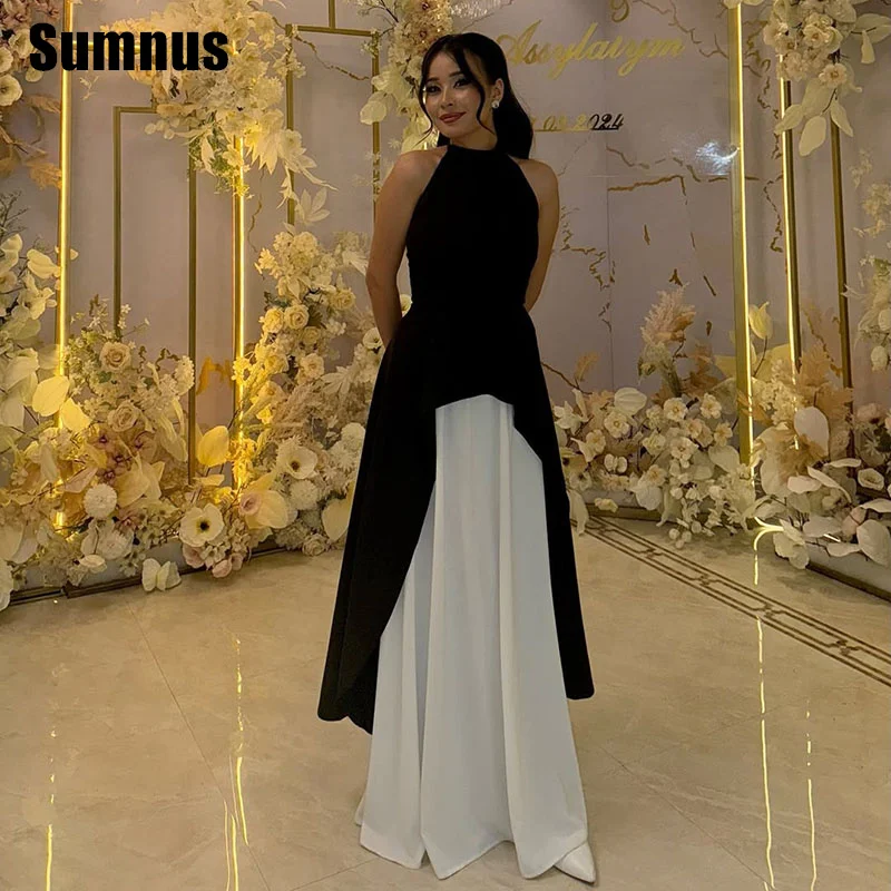 SUMNUS Formal Black And White Satin Evening Prom Gowns A-Line Party Dresses Halter Floor-Length Mix Colours Dress Customized