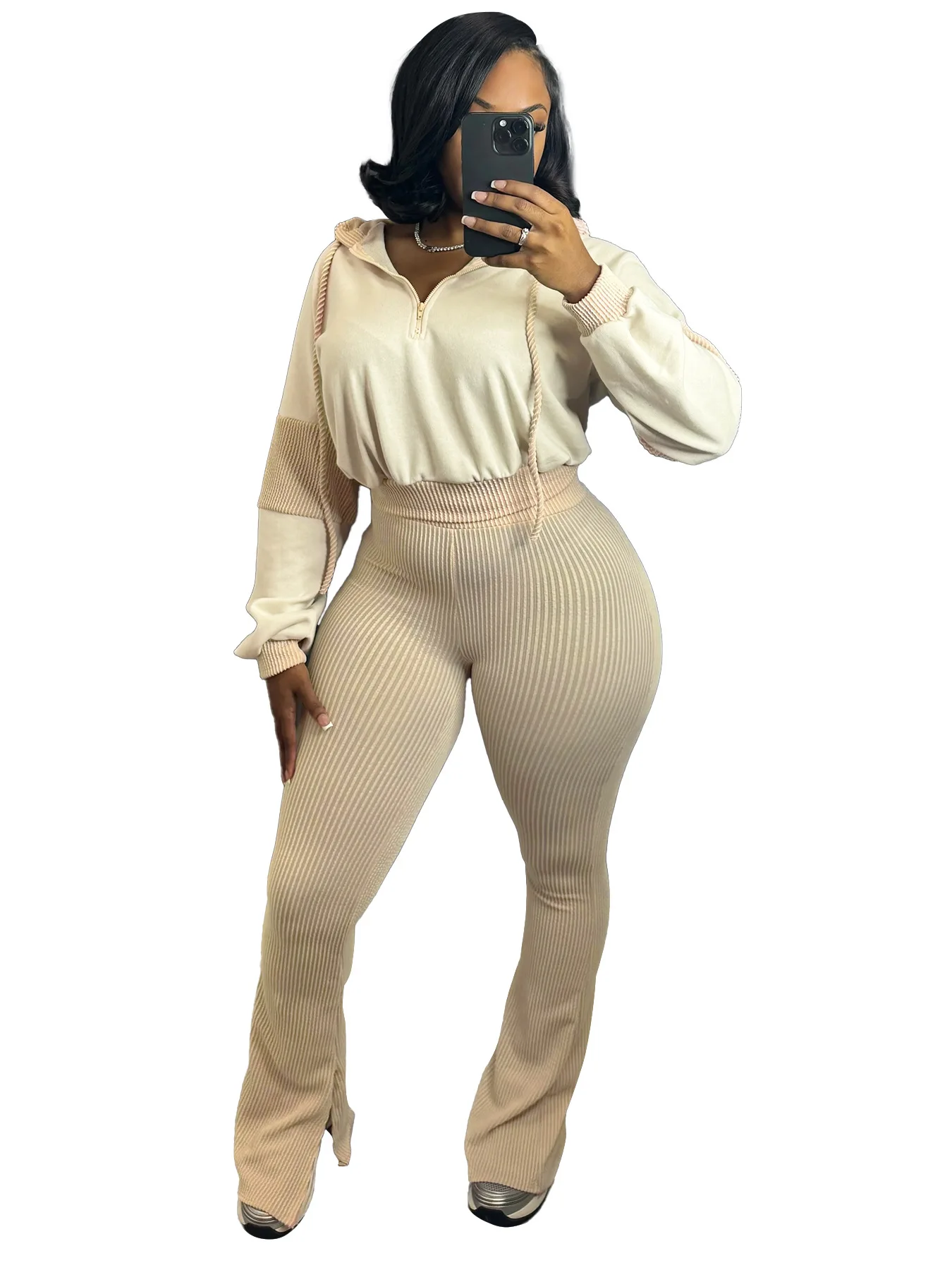 شعار مخصص الملابس النسائية الأوروبية والأمريكية تويست قطاع سترة الربط مقنعين جرس السراويل قطعتين مجموعة