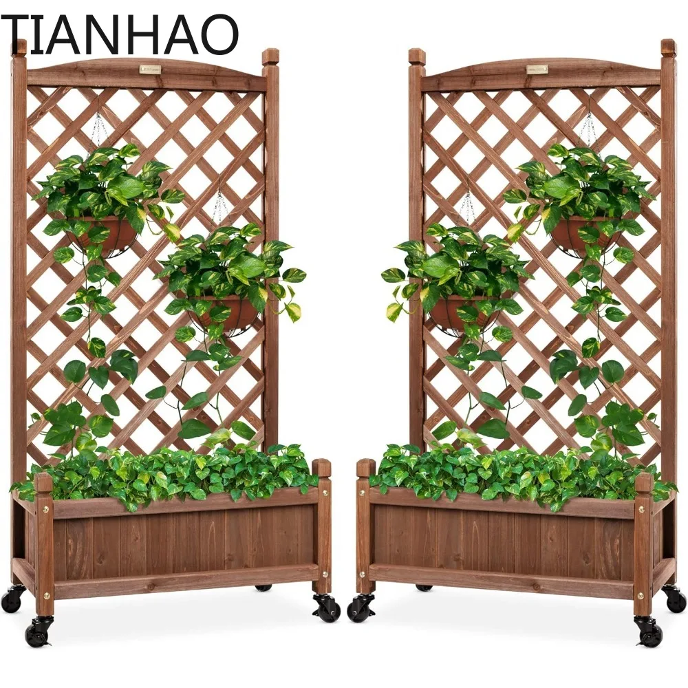 Set of 2 48in Wood Planter Box & Diamond Lattice Trellis, Mobile Outdoor Raised Garden Bed for Climbing Plants