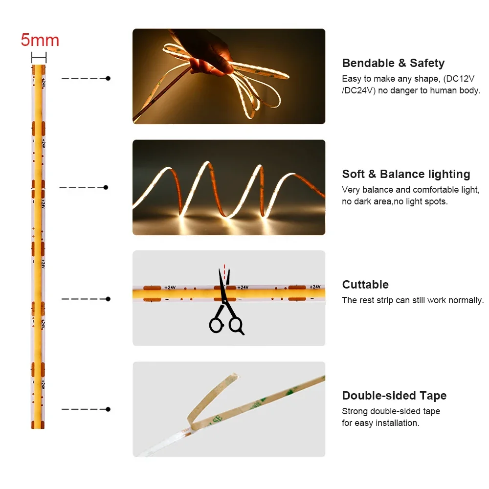 Ultra cienka taśma LED COB 5 mm 400 diod LED/m Możliwość przyciemniania taśma LED 3000K 4000K 6500K Oświetlenie LED do dekoracji 12V 24V