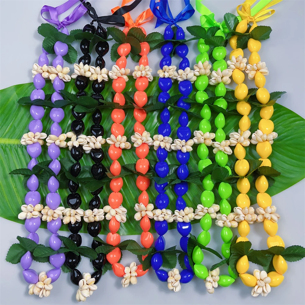 

Wholesale 50pcs Hawaii Aloha Kukui Nut with Shell & Leaf Necklace 2025 Graduation Leis Customized Colors