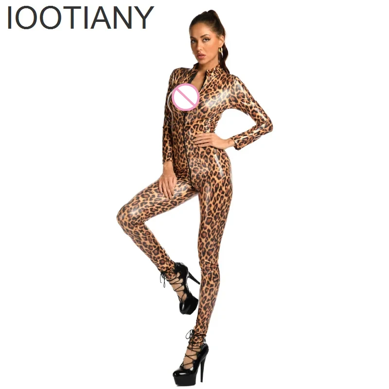 IOOTIANY Sexy Leopard Bodysuit Wet Look Faux Leather Catsuit Hot Erotic Women Zipper Open Crotch Jumpsuit Mistress Sex Costumes