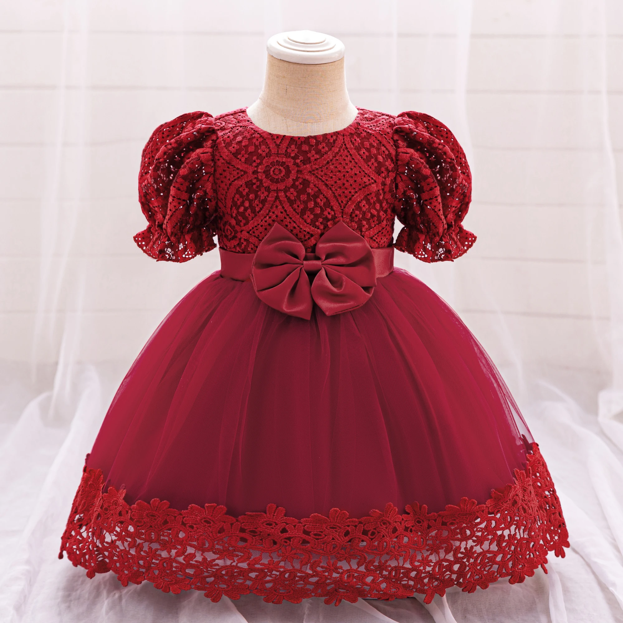 Baby Girls Party Dresses Bow Infant 1 Year Birthday Princess Dress For Girl Wedding Christening Gown Puff Sleeve Toddler Clothes