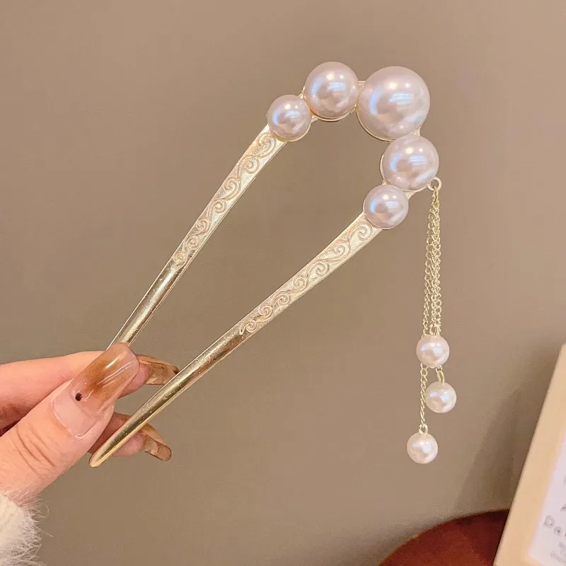 دبوس شعر لؤلؤي عالي الجودة على شكل حرف U دبوس شعر على الطراز الصيني القديم الجديد قطعة أثرية ملفوفة 2025 إكسسوار شعر جديد خوذة