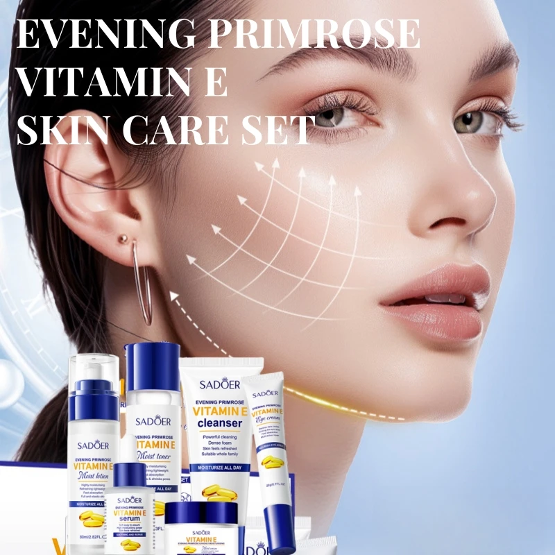 

Evening Primrose Vitamin E Facial Care Six-Piece Set, Skincare Gift Box, Rich in Multiple Nourishing Ingredients Such as Evening Primrose and Vitamin E, Contains Cleansing Milk, Toner, Essence, Lotion, Eye Cream, and Face Cream, Cleanses, Hydrates, Moistu