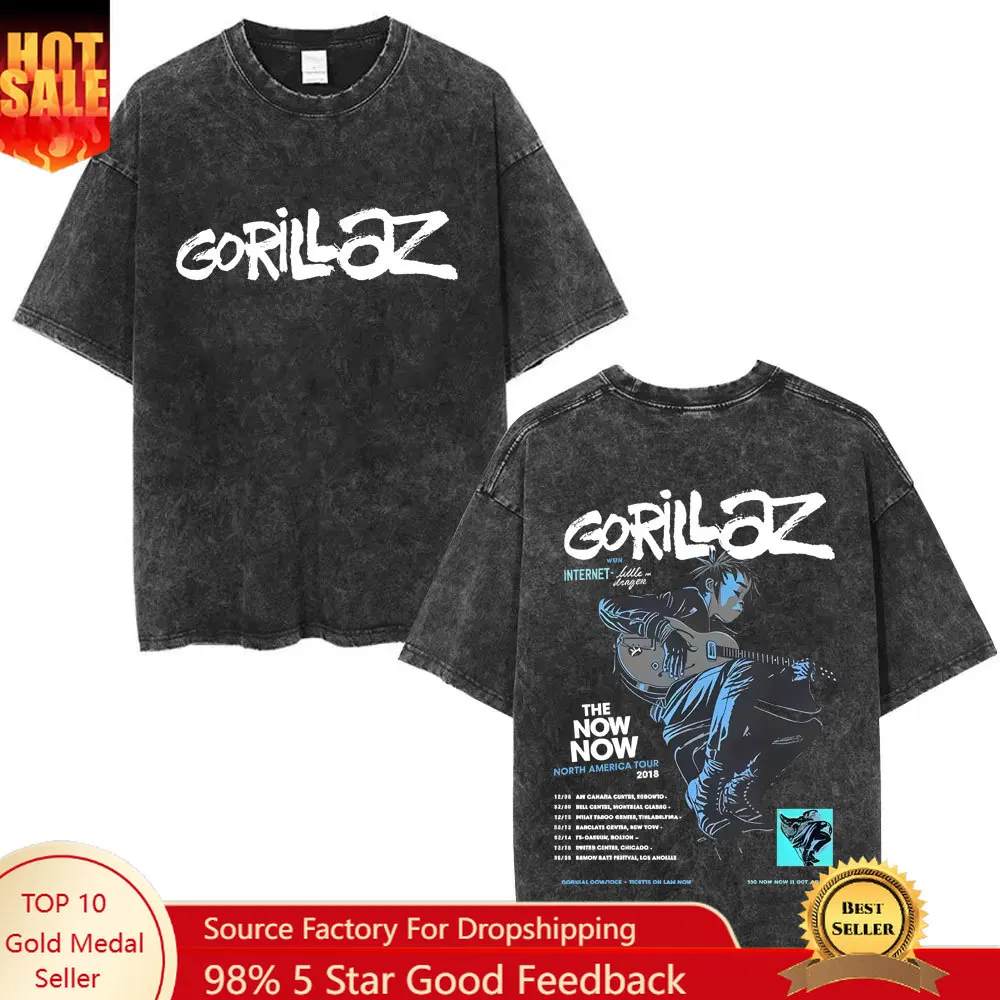 

Washed Vintage Rock Band Gorillaz The Now Now Album Graphic T-shirts Men Women Clothing Hip Hop Punk Oversized Crewneck T Shirts