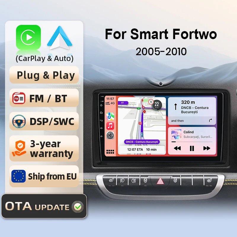 Autoradio pour Smart Fortwo 451 2005-2010, CarPlay et Android Auto sans fil, amplificateur de caisson de basses, systèmes intelligents, écran tactile IPS/QLED, caméra 360, DSP, GPS, navigation, WiFi, DAB+, FM, DSP, BT, SWC, Plug & Play, 2DIN, WiFi 4G, lecteur multimédia